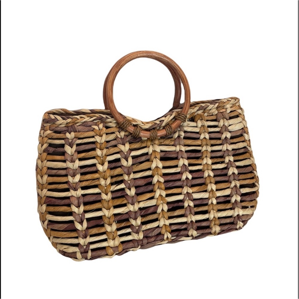 Wicker bamboo natural basket weave top handle vacation bohemian bag purse